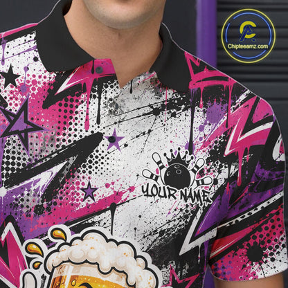 Pink And Purple Graffity Theme Custom Funny Beer Bowling Men Polo Shirt, Team Jersey IPHW12166