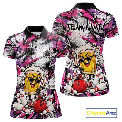 Pink And Purple Graffity Theme Custom Funny Beer Bowling Women Polo Shirt, Team Jersey IPHW12166