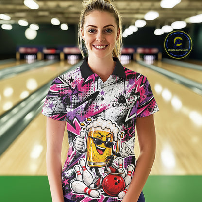 Pink And Purple Graffity Theme Custom Funny Beer Bowling Women Polo Shirt, Team Jersey IPHW12166