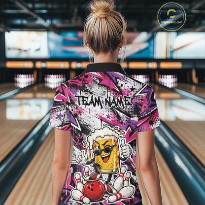 Pink And Purple Graffity Theme Custom Funny Beer Bowling Women Polo Shirt, Team Jersey IPHW12166