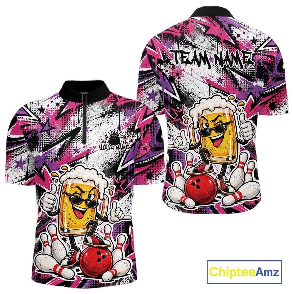 Pink And Purple Graffity Theme Custom Funny Beer Bowling Men Quarter Zip Shirt, Team Jersey IPHW12166