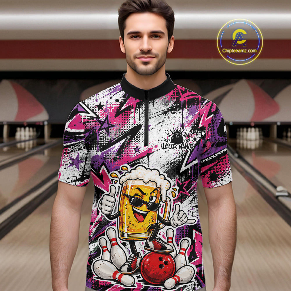 Pink And Purple Graffity Theme Custom Funny Beer Bowling Men Quarter Zip Shirt, Team Jersey IPHW12166