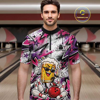 Pink And Purple Graffity Theme Custom Funny Beer Bowling Men Quarter Zip Shirt, Team Jersey IPHW12166