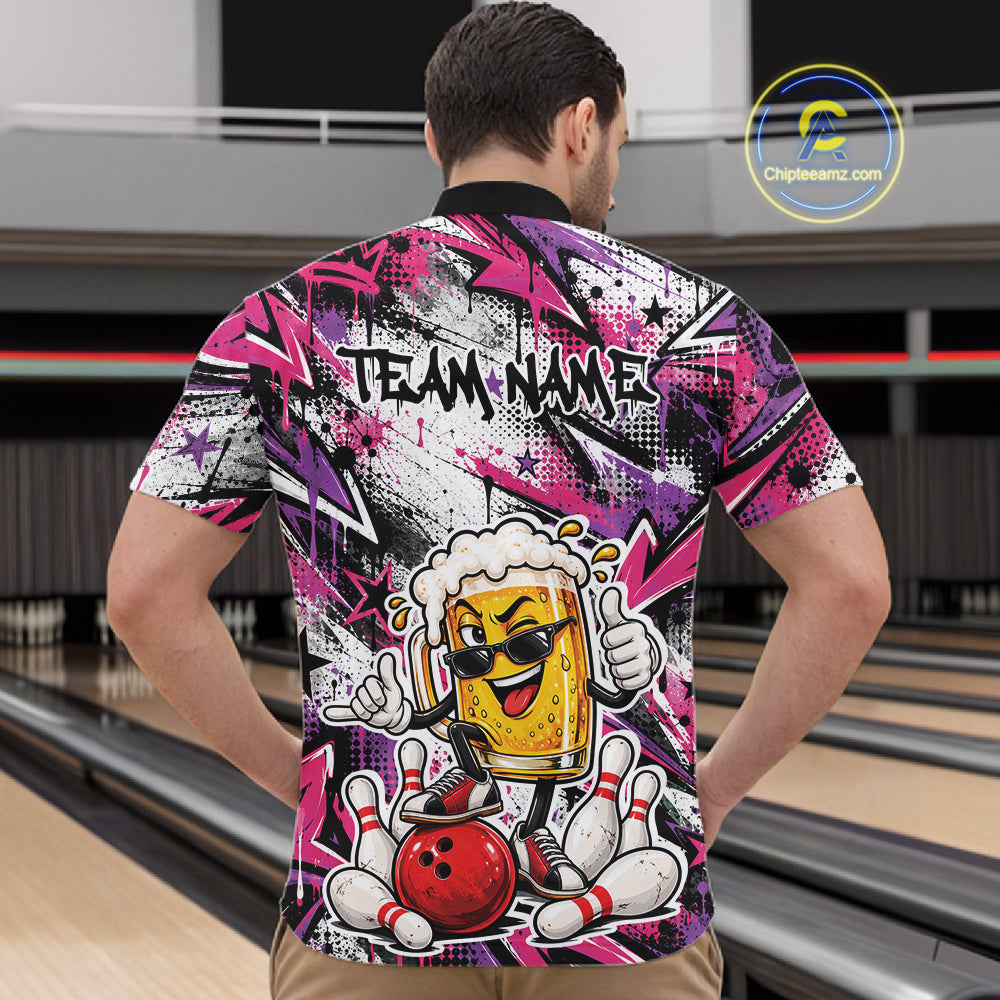 Pink And Purple Graffity Theme Custom Funny Beer Bowling Men Quarter Zip Shirt, Team Jersey IPHW12166