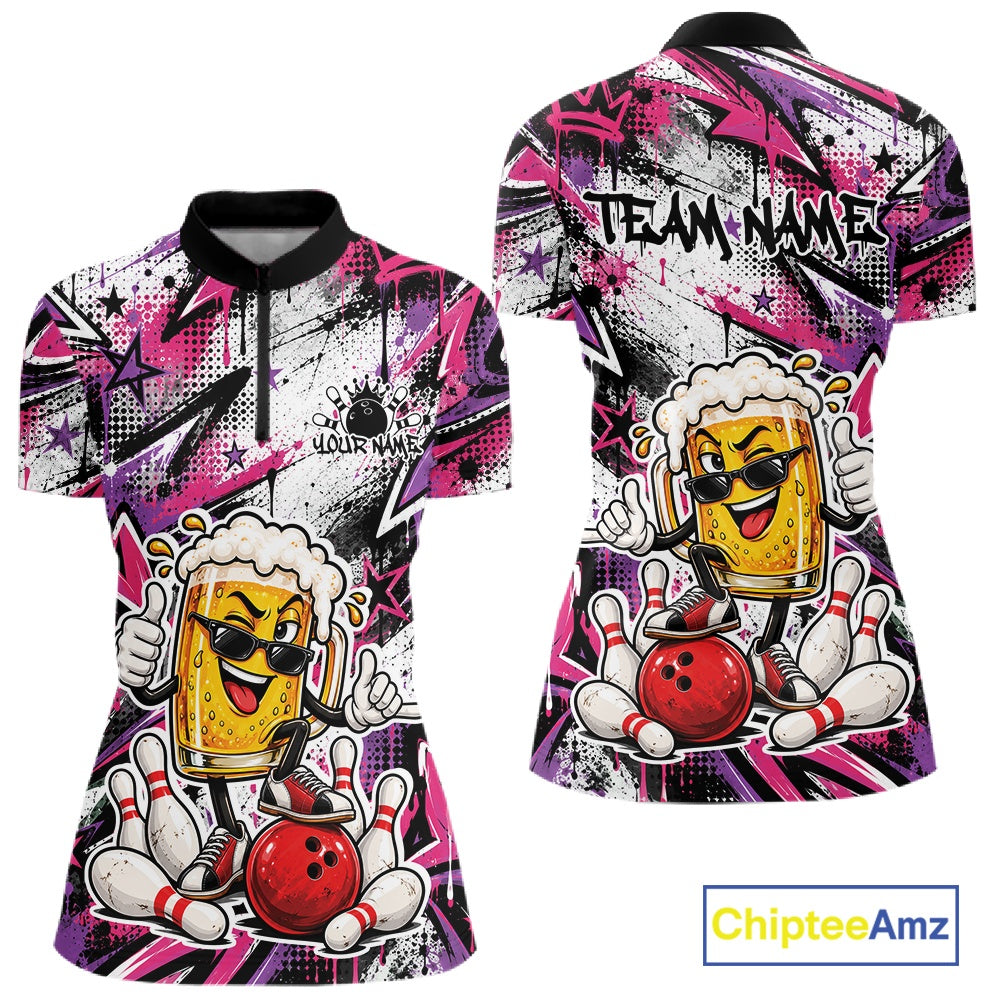 Pink And Purple Graffity Custom Funny Beer Bowling Women Quarter-Zip Shirt, Team Jersey IPHW12166