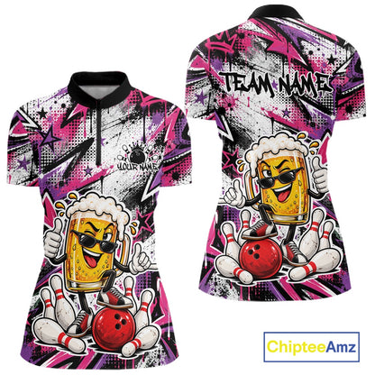 Pink And Purple Graffity Custom Funny Beer Bowling Women Quarter-Zip Shirt, Team Jersey IPHW12166