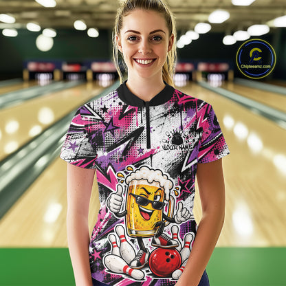Pink And Purple Graffity Custom Funny Beer Bowling Women Quarter-Zip Shirt, Team Jersey IPHW12166
