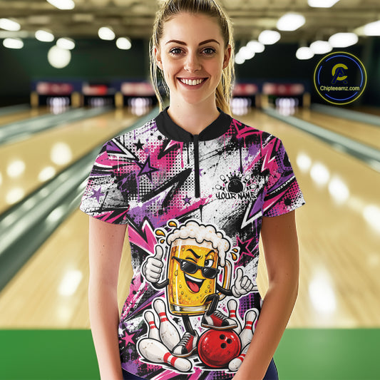 Pink And Purple Graffiti Custom Funny Beer Bowling Women Quarter-Zip Shirt, Team Jersey IPHW12166
