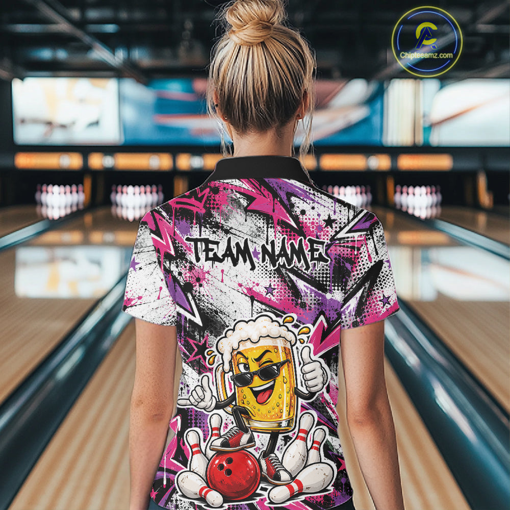 Pink And Purple Graffity Custom Funny Beer Bowling Women Quarter-Zip Shirt, Team Jersey IPHW12166