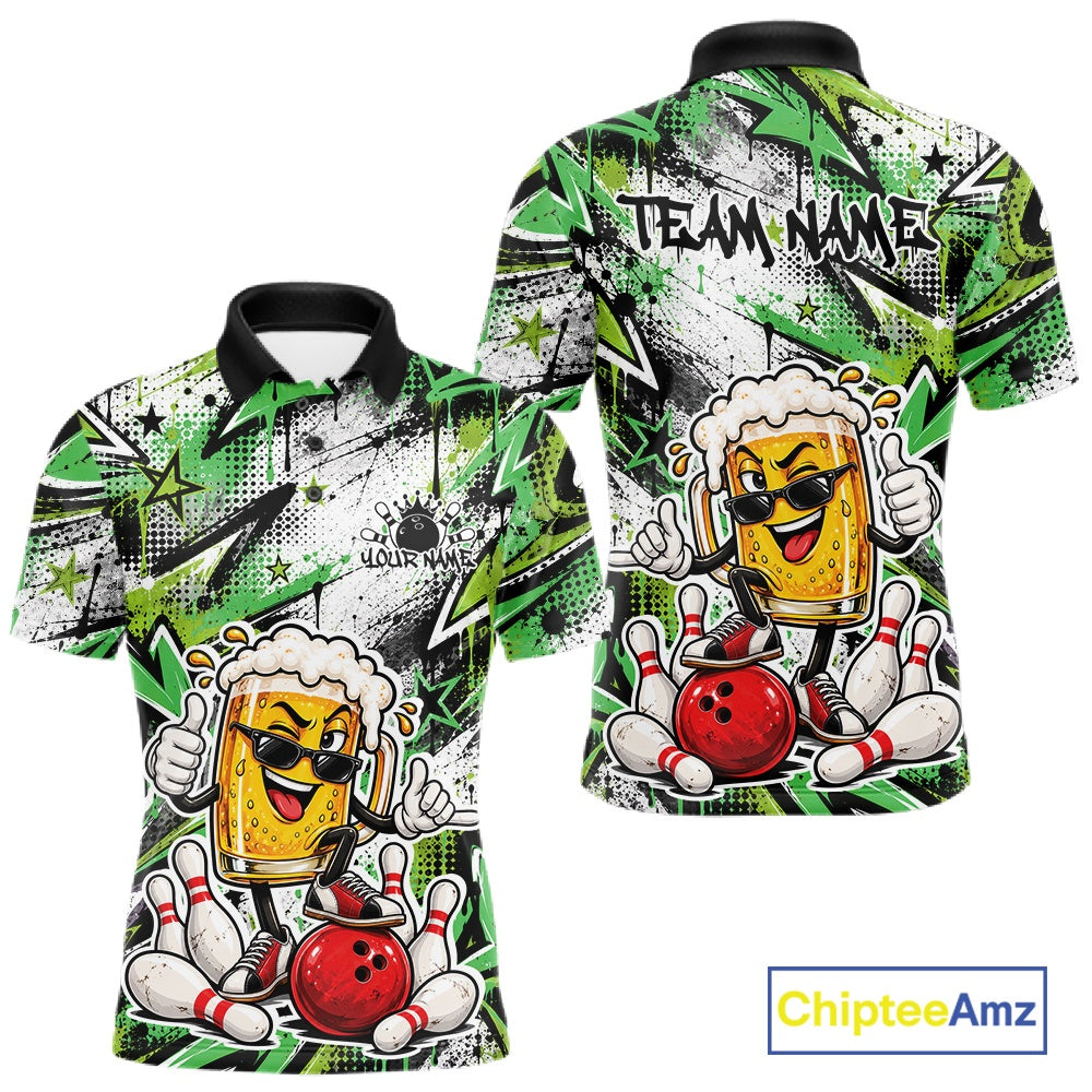 Green Graffity Theme Custom Funny Beer Bowling Men Polo Shirt, Team Jersey IPHW12167