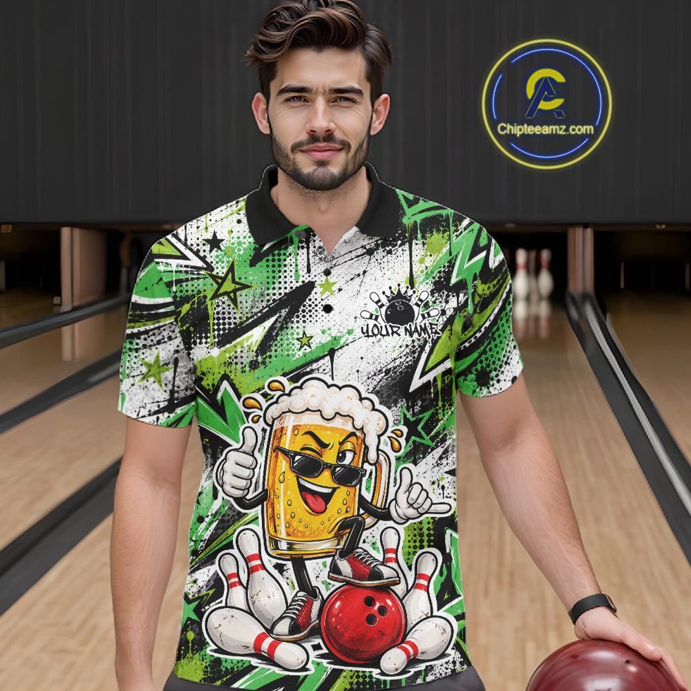 Green Graffity Theme Custom Funny Beer Bowling Men Polo Shirt, Team Jersey IPHW12167