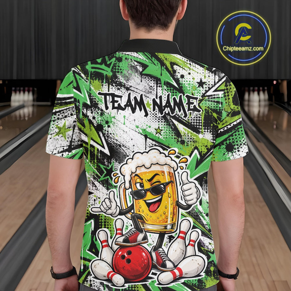 Green Graffity Theme Custom Funny Beer Bowling Men Polo Shirt, Team Jersey IPHW12167