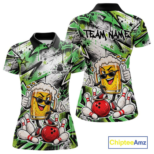 Green Graffiti Theme Custom Funny Beer Bowling Women Polo Shirt, Team Jersey IPHW12167