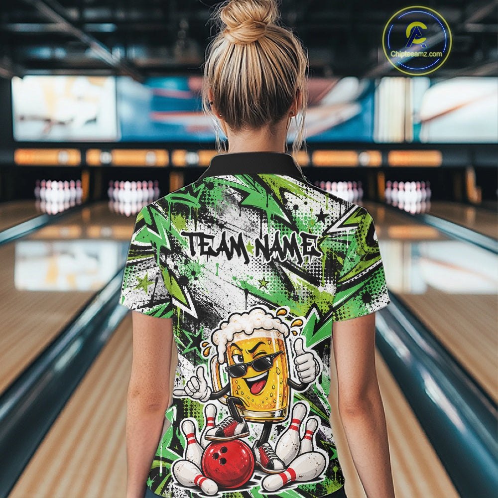 Green Graffity Theme Custom Funny Beer Bowling Women Polo Shirt, Team Jersey IPHW12167