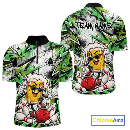 Green Graffity Theme Custom Funny Beer Bowling Men Quarter Zip Shirt, Team Jersey IPHW12167