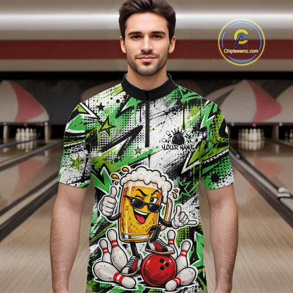 Green Graffity Theme Custom Funny Beer Bowling Men Quarter Zip Shirt, Team Jersey IPHW12167