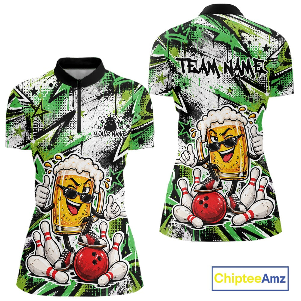Green Graffity Theme Custom Funny Beer Bowling Women Quarter-Zip Shirt, Team Jersey IPHW12167