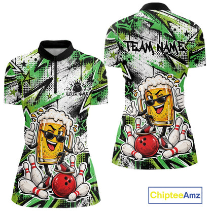 Green Graffity Theme Custom Funny Beer Bowling Women Quarter-Zip Shirt, Team Jersey IPHW12167