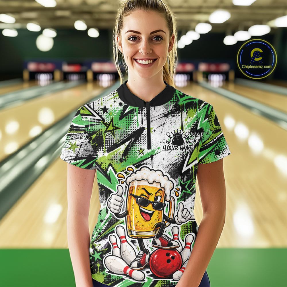 Green Graffity Theme Custom Funny Beer Bowling Women Quarter-Zip Shirt, Team Jersey IPHW12167