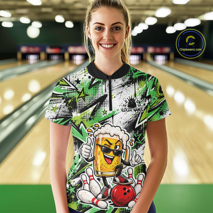 Green Graffity Theme Custom Funny Beer Bowling Women Quarter-Zip Shirt, Team Jersey IPHW12167