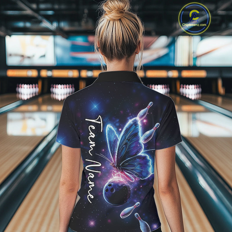 Custom Galaxy Butterfly Bowling Women Quarter-Zip Shirts, Ladies Bowling Outfit IPHW10242