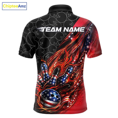 Custom Patriotic Flame Bowling Shirts, American US Flag Bowling Team Jerseys Freedom 4Th Of July Bowling Shirt IPHW10427