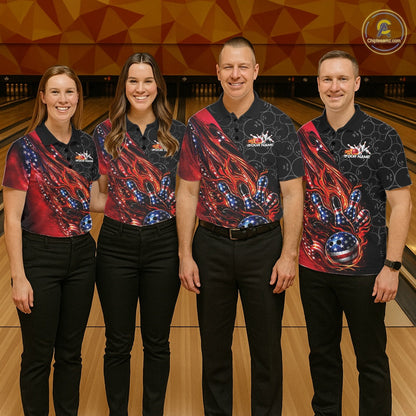 Custom Patriotic Flame Bowling Shirts, American US Flag Bowling Team Jerseys Freedom 4Th Of July Bowling Shirt IPHW10427