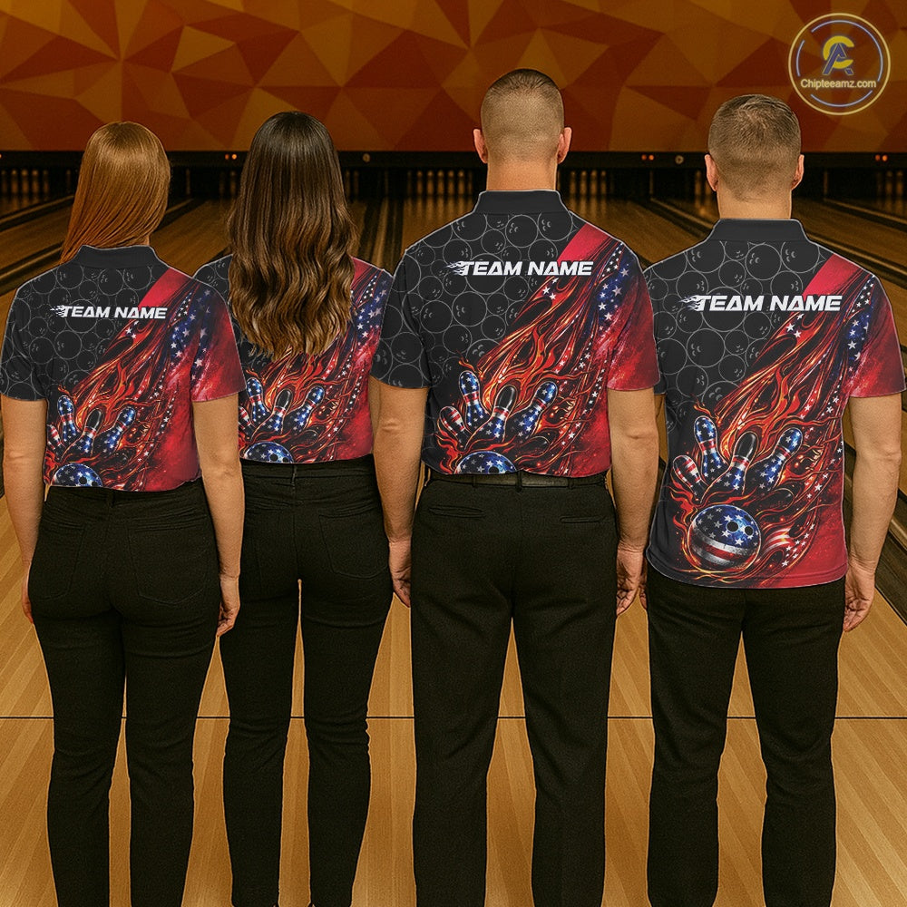 Custom Patriotic Flame Bowling Shirts, American US Flag Bowling Team Jerseys Freedom 4Th Of July Bowling Shirt IPHW10427