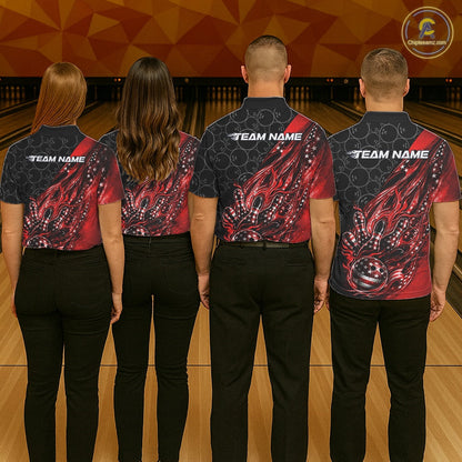 Custom Patriotic Red Flame Bowling Shirts, US Flag Bowling Team Jerseys Freedom 4Th Of July Bowling Shirt IPHW10428