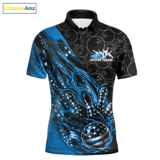 Custom Patriotic Blue Flame Bowling Shirts, US Flag Bowling Team Jerseys Freedom 4Th Of July Bowling Shirt IPHW10429