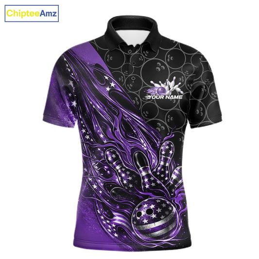 Custom Patriotic Purple Flame Bowling Shirts, US Flag Bowling Team Jerseys Freedom 4Th Of July Bowling Shirt IPHW10430