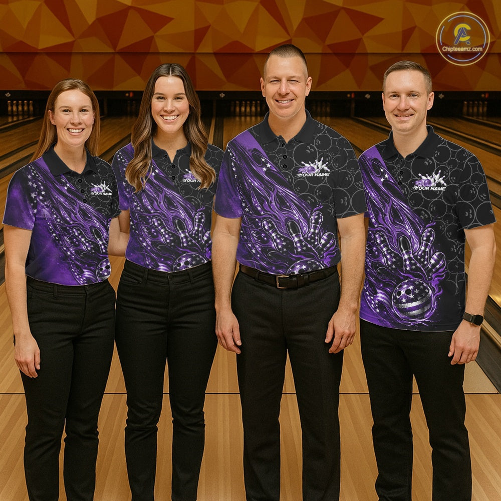 Custom Patriotic Purple Flame Bowling Shirts, US Flag Bowling Team Jerseys Freedom 4Th Of July Bowling Shirt IPHW10430