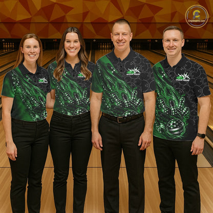 Custom Patriotic Green Flame Bowling Shirts, US Flag Bowling Team Jerseys Freedom 4Th Of July Bowling Shirt IPHW10431