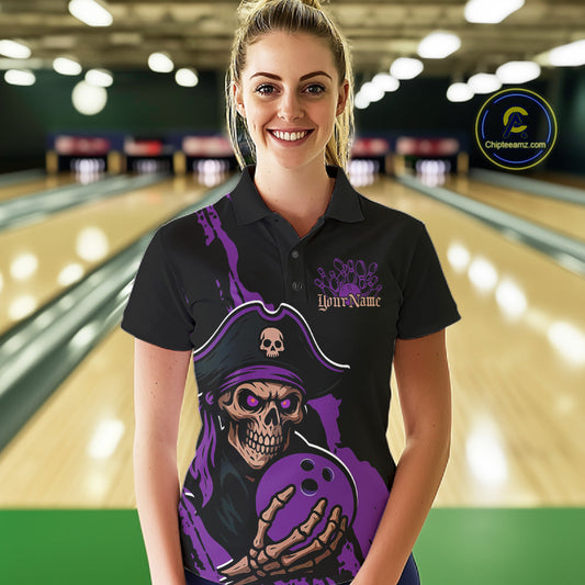 Custom Black And Purple Pirate Bowling Women Polo Shirt, Pirate Bowling Team Jerseys IPHW10708