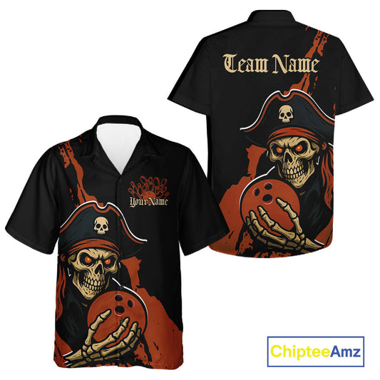 Custom Black And Orange Pirate Bowling Men And Women Hawaiian Shirt, Pirate Bowling Team Jerseys IPHW10709