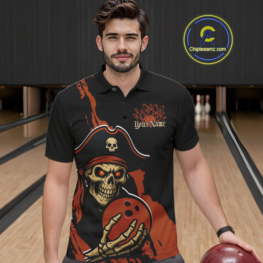 Custom Black And Orange Pirate Bowling Men Polo Shirt, Pirate Bowling Team Jerseys IPHW10709