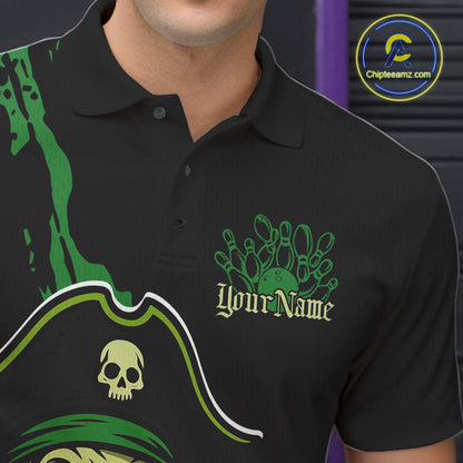 Custom Black And Green Pirate Bowling Men Polo Shirt, Pirate Bowling Team Jerseys IPHW10711