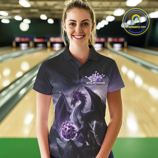 Custom Black And Purple Thunder Lightning Dragon Bowling Women Polo Shirts, Team Outfit IPHW9098
