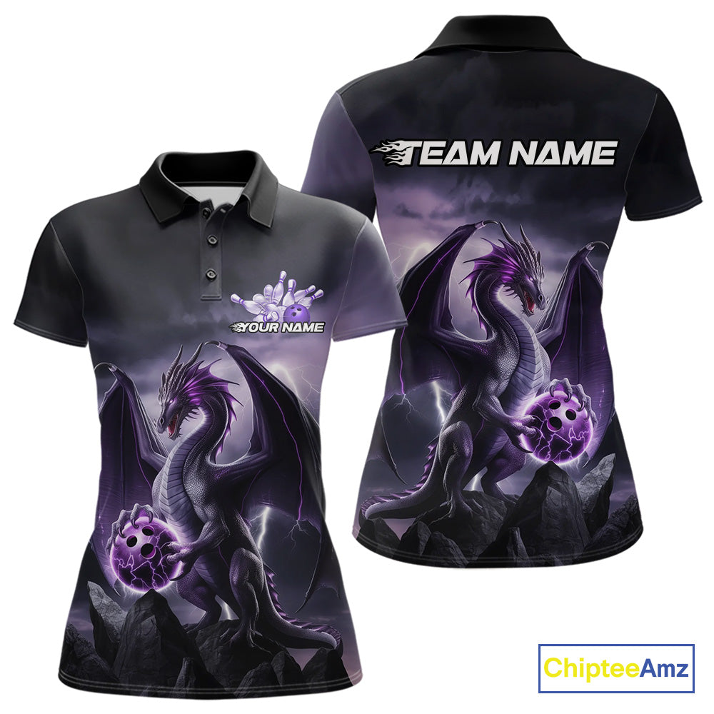Custom Black And Purple Thunder Lightning Dragon Bowling Women Polo Shirts, Team Outfit IPHW9098