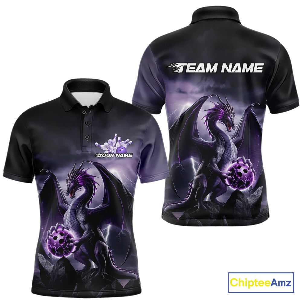 Custom Black And Purple Thunder Lightning Dragon Bowling Men Polo Shirts, Team Outfit IPHW9098