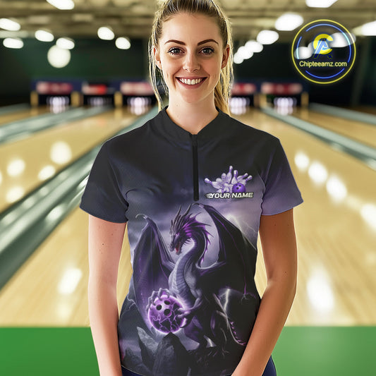 Custom Black And Purple Thunder Lightning Dragon Bowling Women Quarter-Zip Shirts IPHW9098