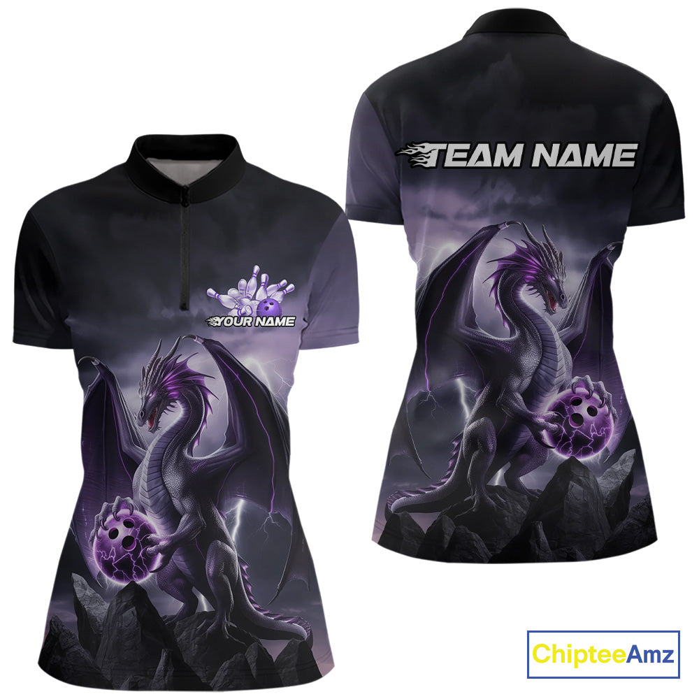 Custom Black And Purple Thunder Lightning Dragon Bowling Women Quarter-Zip Shirts IPHW9098