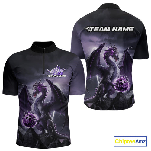 Custom Black And Purple Thunder Lightning Dragon Bowling Men Quarter-Zip Shirts, Team Outfit IPHW9098