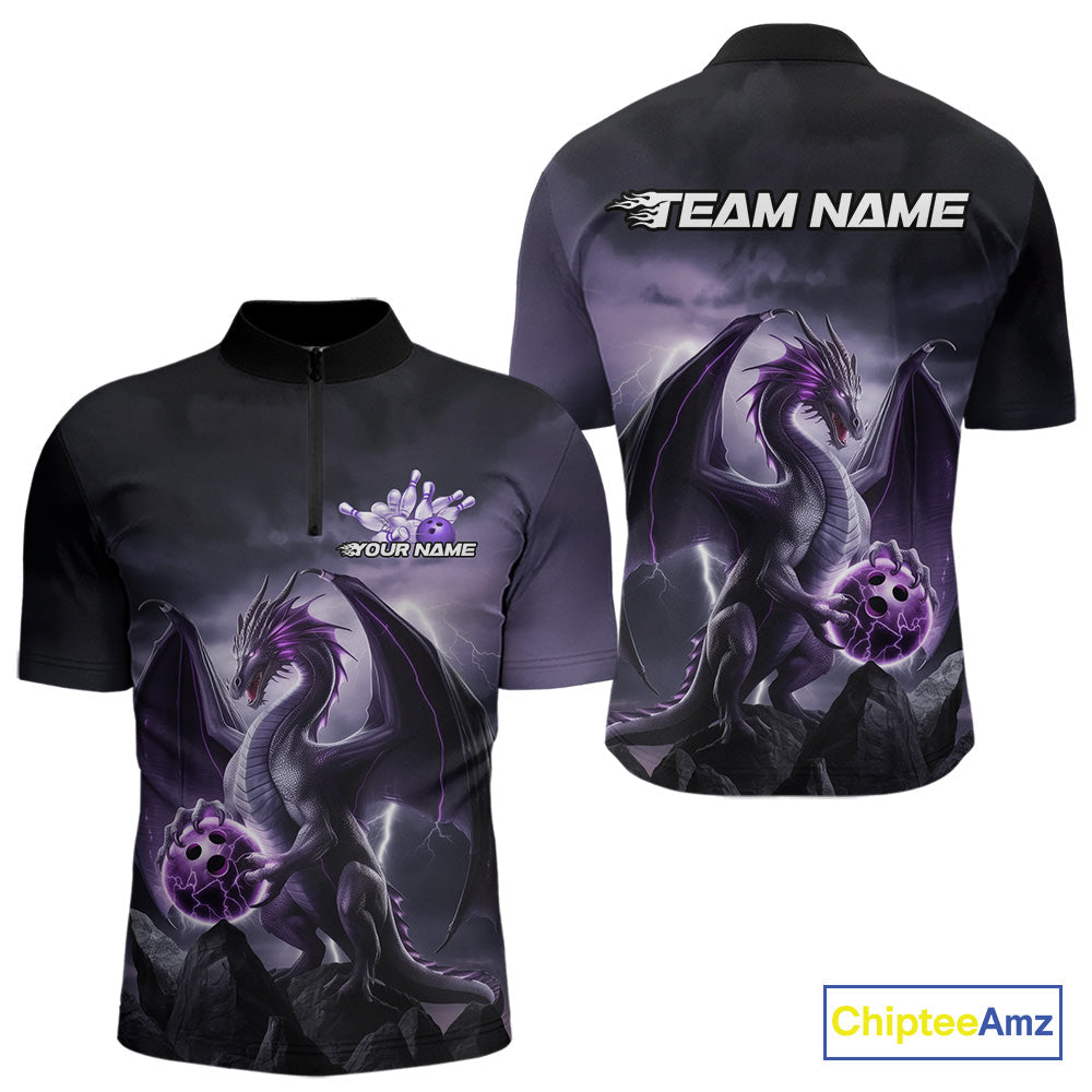 Custom Black And Purple Thunder Lightning Dragon Bowling Men Quarter-Zip Shirts, Team Outfit IPHW9098