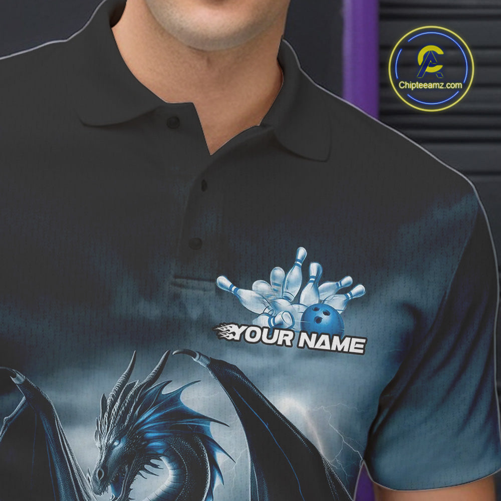 Custom Black And Blue Thunder Lightning Dragon Bowling Men Polo Shirts, Team Outfit IPHW9099