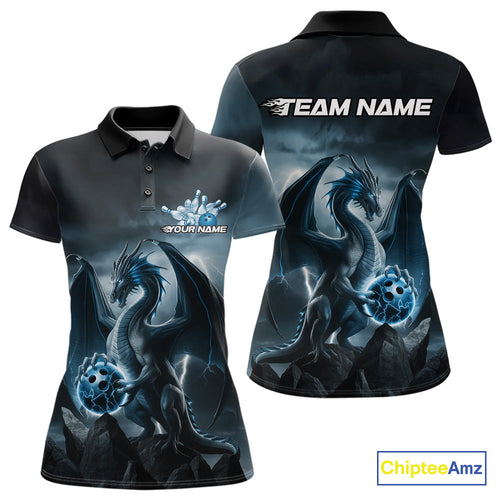 Custom Black And Blue Thunder Lightning Dragon Bowling Women Polo Shirts, Team Outfit IPHW9099