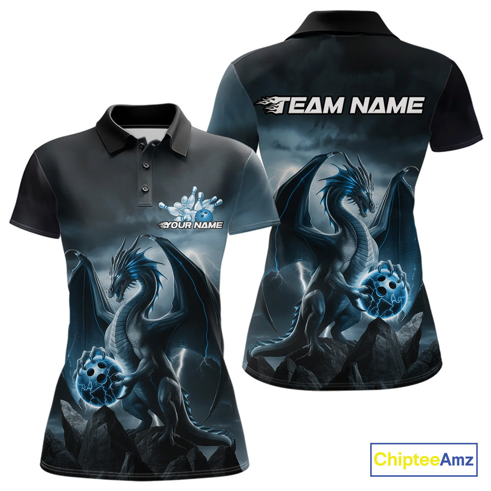 Custom Black And Blue Thunder Lightning Dragon Bowling Women Polo Shirts, Team Outfit IPHW9099