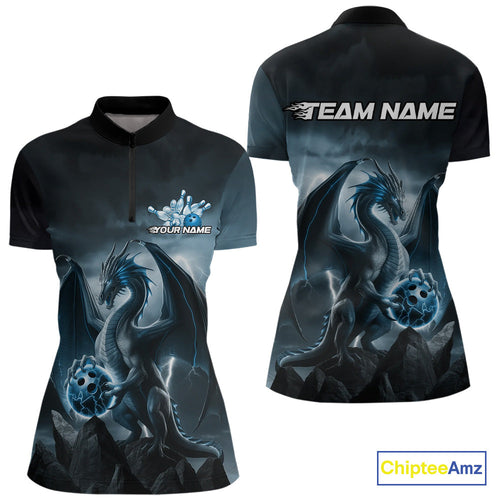 Custom Black And Blue Thunder Lightning Dragon Bowling Women Quarter-Zip Shirts IPHW9099