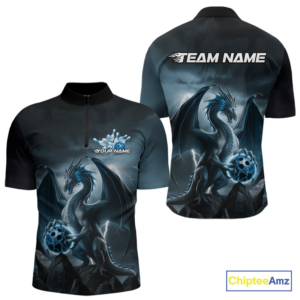 Custom Black And Blue Thunder Lightning Dragon Bowling Men Quarter-Zip Shirts, Team Outfit IPHW9099