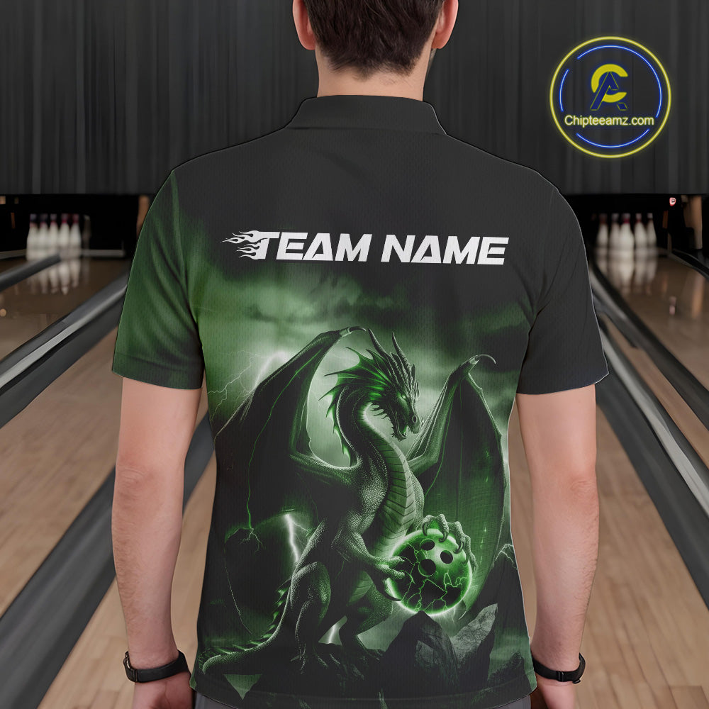 Custom Black And Green Thunder Lightning Dragon Bowling Men Polo Shirts, Team Outfit IPHW9100